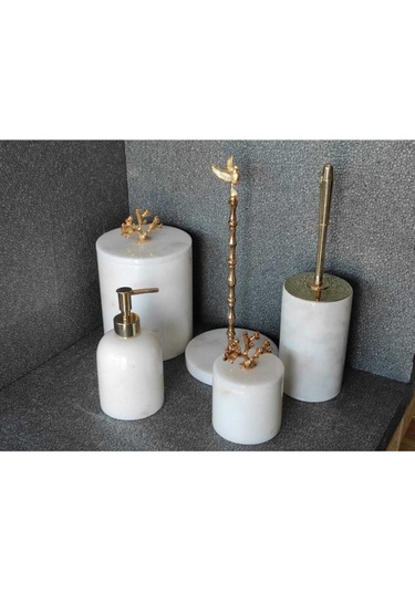 Beyaz Mermer Gold Başak Aksesuarlı 5'li Banyo Seti Beyaz