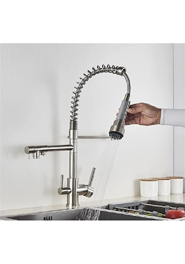 Mutfak Eviye Bataryası Dual Flow Su Arıtma Çıkışlı Spiralli Ve Fiskiyeli Nikel.