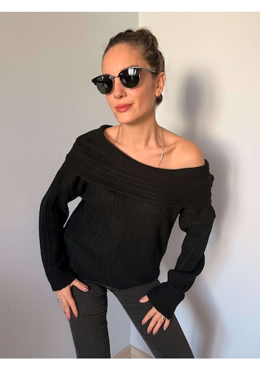 Ali Butik Siyah Madonna Yaka Fitilli Kazak Siyah