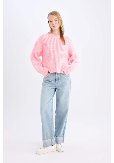 DeFacto Coool Oversize Geniş Kalıp Bisiklet Yaka Triko Kazak V1811AZ24CWPN450 Pembe