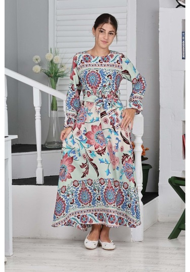 Kız Çocuk Viskon Kumaş Desenli Uzun Elbise Yeşil