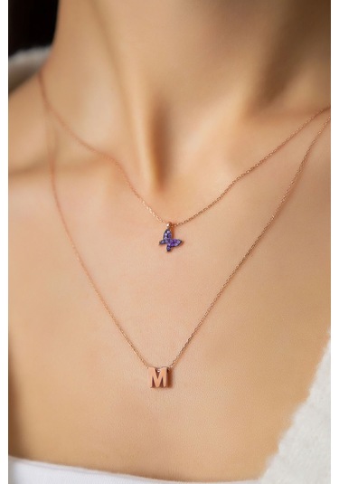 Papatya Silver 925 Ayar Gümüş Rose Kaplama Kadın Asansörlü Mor Kelebek ve Harf Model Kolye