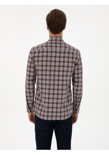 Cacharel Bordo Slim Fit %100 Pamuk Kareli Gömlek Kırmızı