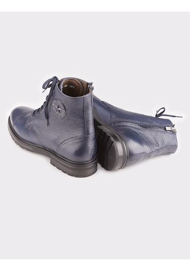 Cabani Hakiki Deri Lacivert Bağcıklı Fermuarlı Erkek Günlük Bot Lacivert