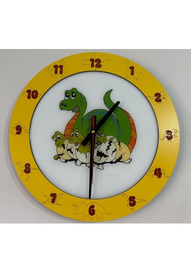 Çocuk Odası Duvar Saati - Epoksi Reçine Kaplamalı - Dinozor Ailesi - 40 Cm Ahşap