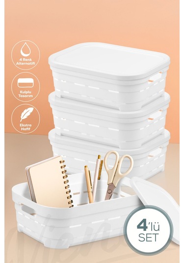 Vienev 4'lü Kapaklı 2,8 Litre Delikli Saklama Kutusu Beyaz Beyaz
