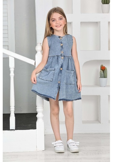 Kız Çocuk Düğme Kapamalı Jean Elbise 12198 Mavi