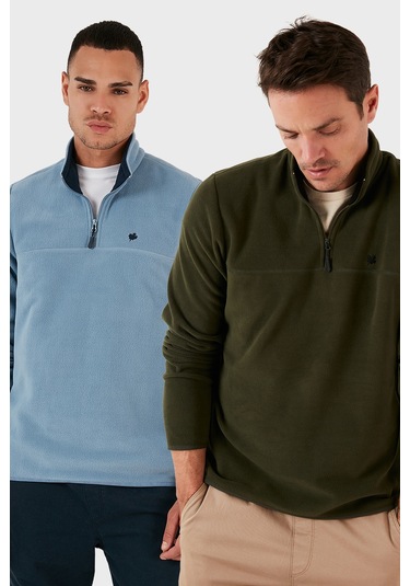 Buratti Slim Fit Anti-Pilling Tüylenme Yapmayan Bato Yaka Şardonlu 2'Li Paket Erkek Polar 5906001S2 Haki-Açık Mavi