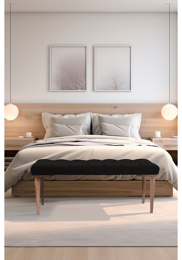 Gazzini Classic Retro Gürgen Ayak Chester Model Kapitoneli Siyah Puf Bench - Ceviz Ayak