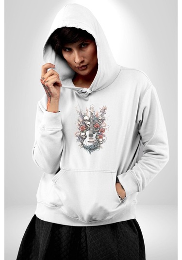 Gitar Kafatası Güller Doğa Uyumu Kadın Erkek Beyaz Kapüşonlu Sweatshirt Hoodie Beyaz