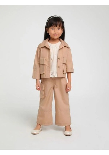 Kız Çocuk Erkek Yaka Cepli İki Düğmeli Ceket-15124 Kahverengi