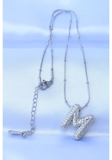 316l Çelik Zincirli Zirkon Taşlı M Harfli Gümüş Renk Bubble Kolye Çok Renkli