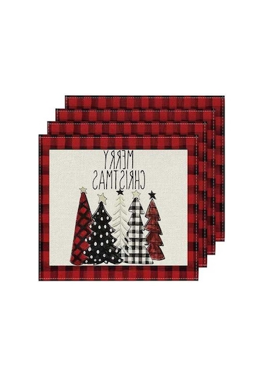 Ulzyvf Masa Örtüsü 4'lü Pembe Noel Kış Teması Ağaçlı Dekorasyon Diğer