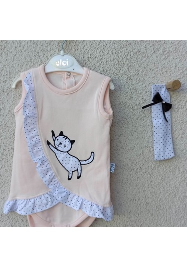 3-9 Ay Kız Bebek Badi Kedili Fırfırlı Bandanalı Somon Çok Renkli