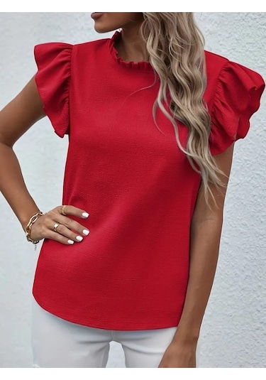 Kadın Kısa Kollu Fırfır Yakalı Bürümcük Bluz Kırmızı