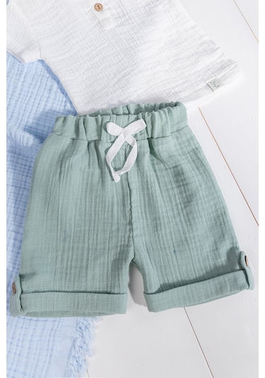 Pamuklu Müslin Düğmeli Alt Üst Şortlu Yazlık Erkek Bebek Takımı Yeşil