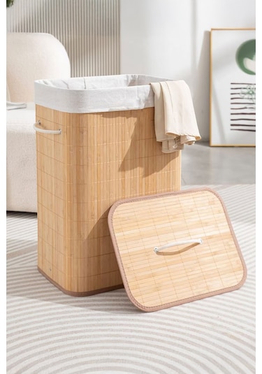 İronika Bambu Kirli Çamaşır Sepeti Halatlı Bambu Çamaşır Oyuncak Sepeti Dikdörtgen Açık Kahverengi