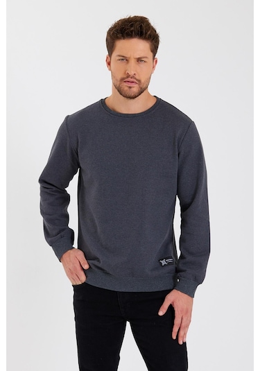 MMetalic Bisiklet Yaka Etiket Detayı İçi Pamuklu Erkek Sweatshirt Antrasit