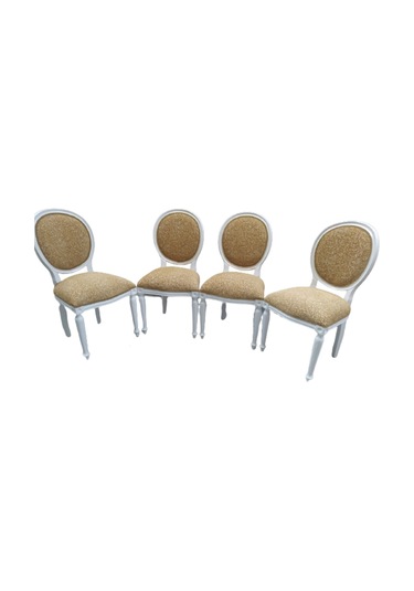 Bengimobilya Sandalye Madalyon Kayın Torna Ayak Parlak Beyaz Boya Kalite Keten