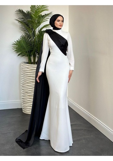 Krep Fularlı Abiye Elbise Beyaz