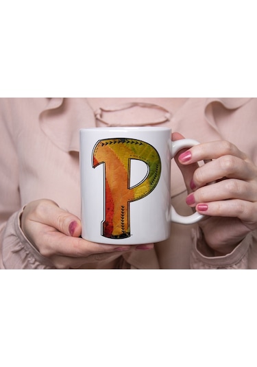 P Harf Yaprak Renkleri İle Kupa Bardak - Kişiye Özel Alfabe Harfli Bardak - Hediye Beyaz