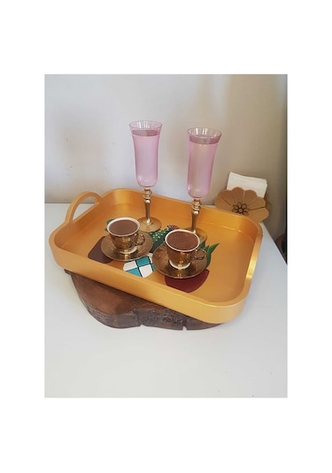 El Boyaması Kaktüs Desenli Altın Tepsi Altın