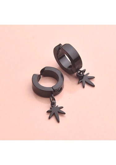 Sallanan Yaprak Sıkıştırmalı Erkek Siyah Çelik Küpe Takı