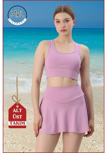 Kadın Alt-üst Takım Şort & Sabit Pedli Üst Crop Denizde Havuzda Sporda Swimsuit Lila Rengi Takım3107 Lila