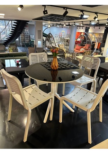 Royal Rattan Yuvarlak Camlı Masa Takımı 4 Kişilik Camlı Kapuçino