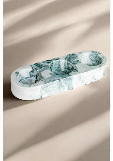 El Yapımı Yeşil Mermer Desenli 3 Gözlü Beton Tealight Mumluk Minimal Dekoratif Şamdan Yeşil