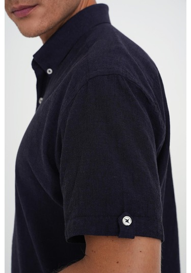 Comfort Fit Düğme Yaka Kısa Kol %100 Keten Düz Lacivert Gömlek G 1596 Lacivert