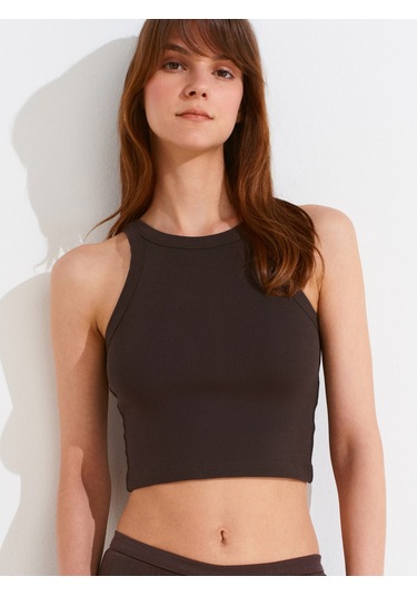 Dilvin 21104 Fitilli Crop Top-koyu Kahve Koyu Kahve