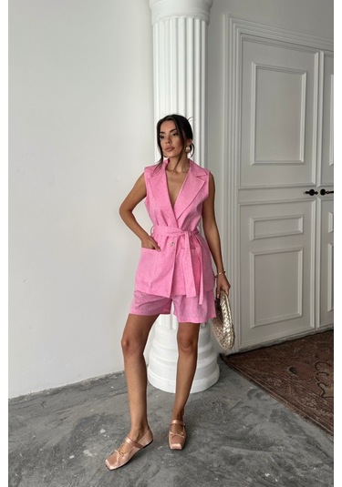 Keten Yelek - Şort Takım - Pembe Pembe