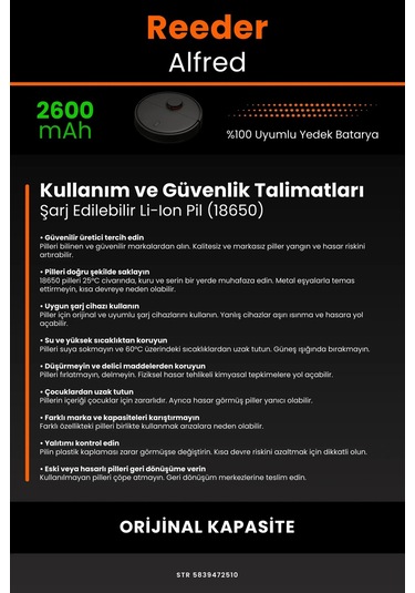 Reeder Alfred 2600mah Robot Süpürge Bataryası
