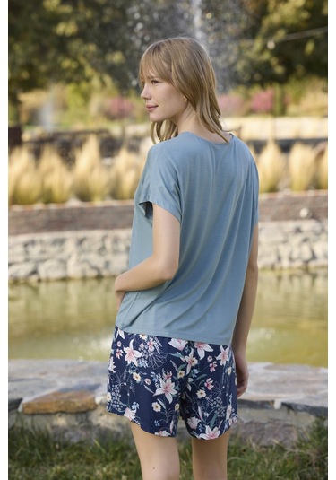 Monamise Kadın Çiçek Ve Yaprak Desenli Dantelli Şort Takımı 24102-yeşil Yeşil