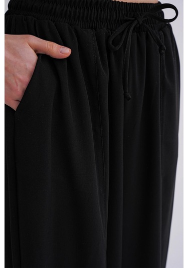 4307 Kadın Beli Lastikli Parçalı Şalvar Pantolon Siyah Siyah