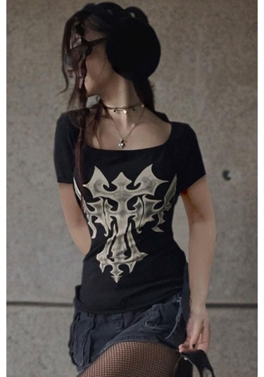 Siyah Gotik Kare Yaka Y2k Kısa Kollu Crop-18342 Siyah