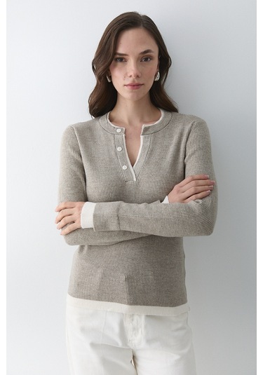 Açık Vizon 2 Patlı Düğmeli Kazak - 251023 Açık Vizon