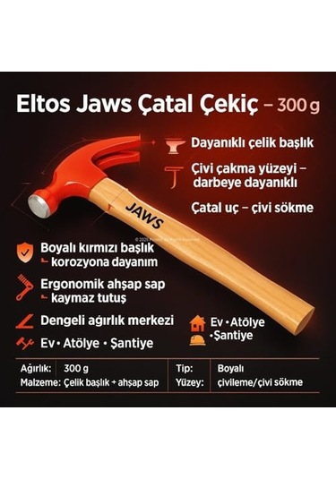 Jaws Çatal Çekiç, 300 Gram, Dayanıklı Çelik Başlık, Ergonomik Ahşap Saplı, Boyalı, Çivileme Ve Çivi Sökme