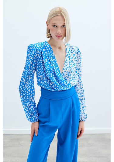 Sateen Kruvaze Desenli Bodysuit - Ekru-lacivert Ekru - Lacivert