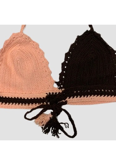 Uretti - Aslı 5776 - El Yapımı Pembe - Kahverengi Crop Top Kahverengi - Pembe