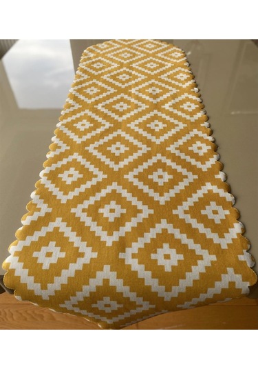 Sarı-Beyaz Renk 40x140 CM Lazer Kesim Runner 140 x 40 -Dikdörtgen-Sarı-Beyaz