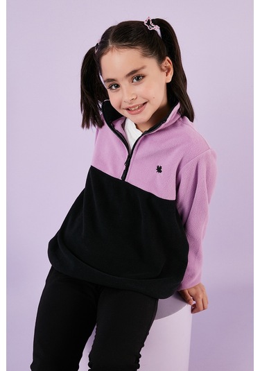 Lela Yumuşak Dokulu Yarım Fermuarlı Renk Bloklu Dik Yaka Unisex Çocuk Polar 5905004 Lila-Siyah