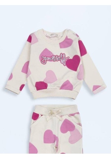 Kız Çocuk Pamuklu Kalp Desenli Eşofman Takım-15498 Çok Renkli
