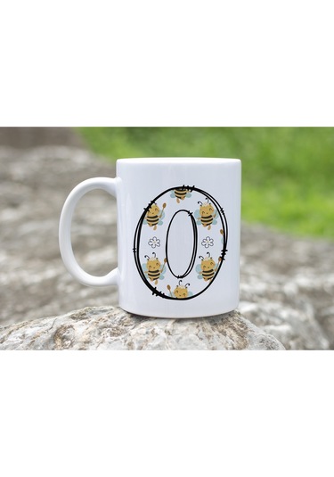 O Harfi Arı Desenli Kupa - Sevimli Hayvan Temalı Kişiye Özel Kahve Kupası - Şans Kupası Beyaz
