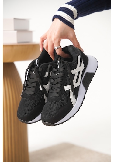 Garantili D0120 Günlük Ortopedik Kadın Sneaker Spor Ayakkabı Siyah-beyaz