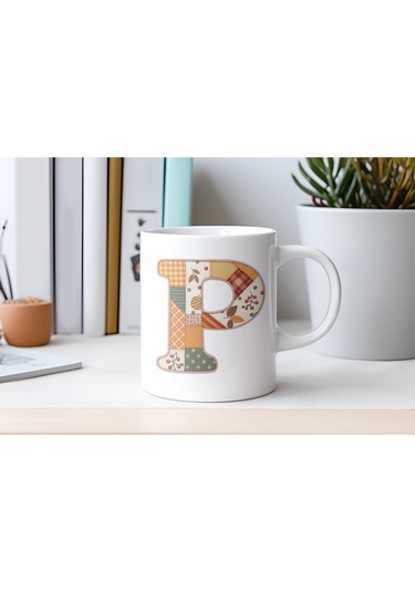 P Harfi Sonbahar Kış Temalı Yamalı Tasarım Kupa Bardak - Etnik Ve Pathwork Severlere Özel Hediye Beyaz