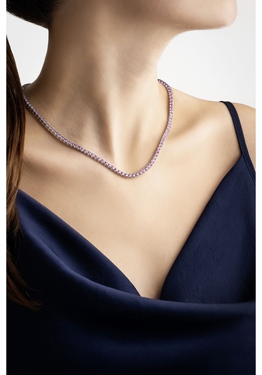 Pembe Taşlı 18 Ayar Beyaz Altın Kaplama 42 Cm Gümüş Su Yolu Kolye