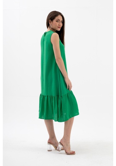 Kristal Keten Kolsuz Kadın Salaş Elbise - Yeşil-yeşil Yeşil