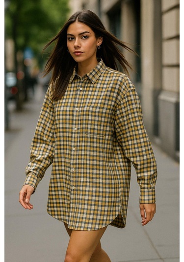 Kadın Sarı Oversize Ekoseli Gömlek Over Fit Relaxed Kareli Gömlek Çok Renkli